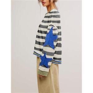 Oversized Black and White Striped Sweatshirt with Blue Star Y2K-style Pullover